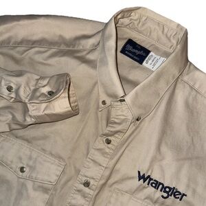 Vintage 90s Wrangler  Button Up Khaki tan Long Sleeve Shirt Embroidered Logo XXL